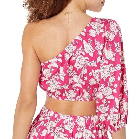 The Drop Anupa One Shoulder Puff Sleeve Crop Top Women's Small Hot Pink Floral - Picture 2 of 6